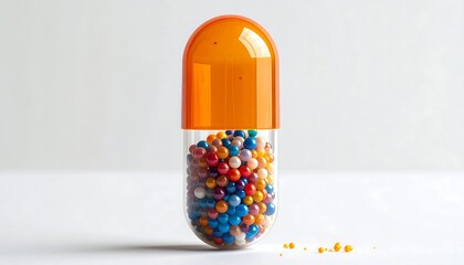An orange and clear capsule filled with colorful spheres, positioned against a clean white background, implying medication or supplements