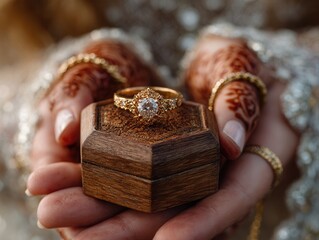 Exquisite gold diamond engagement ring presented in ornate wooden box, adorned with intricate henna patterns and wedding jewelry