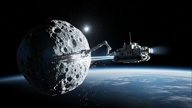 Spaceship cutting an asteroid with laser beam in orbit above earth, deep space mining operations, science fiction footage.
