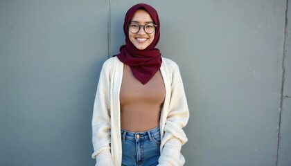 Stylish young woman smiles directly at camera. Wears jeans beige cardigan burgundy hijab, glasses. Attractive model presents modest fashion style against gray background. Portrait conveys warmth