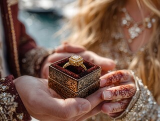 Exquisite golden engagement ring presented in an ornate box, symbolizing love and commitment
