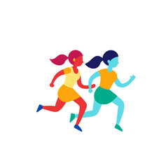 Two stylized female runners in vibrant colors race against a black background