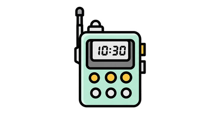 Illustration of a mint green walkie-talkie with a digital display showing the time 10:30.