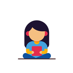 Child reading a book while sitting cross legged with headphones on