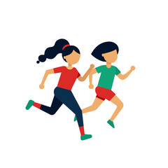 Two cartoon women running together in athletic wear on a black background
