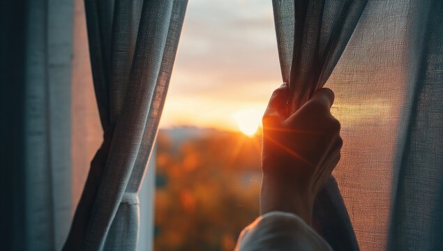 Close-up shows hands pulling back curtains to a sunrise