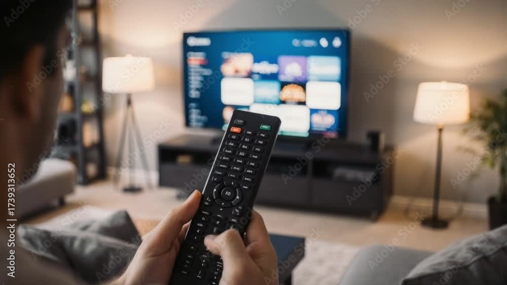 Wall mural man relaxing at home while using a remote control to browse streaming services on tv