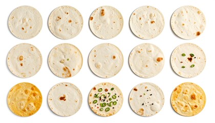 Fototapeta premium An overhead shot displays a collection of circular, textured flatbreads with varying degrees of browning, some featuring toppings