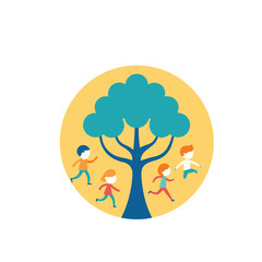 Children joyfully playing and running around a vibrant tree in a sunny outdoor setting