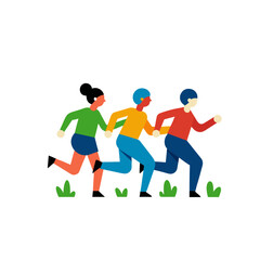 Diverse group of people running together outdoors in a stylized flat design