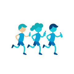 Three diverse runners hydrating with water bottles during a race