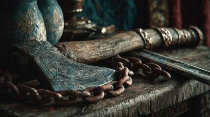 Rustic warrior's axe and chains rest on an ancient wooden table in a dimly lit room filled with historical artifacts