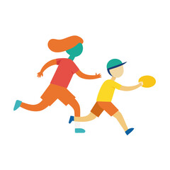 Two stylized people running and playing frisbee on a black background