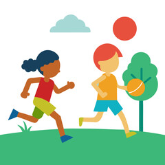 Diverse children playing sports and running in a park on a sunny day