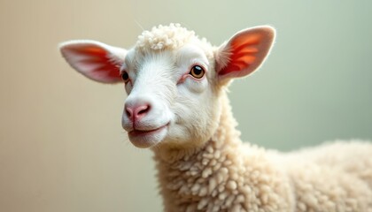 Fototapeta premium A cute sheep portrait against a soft background. The fluffy animal looks toward the camera with endearing expression. This photo is great for various projects.