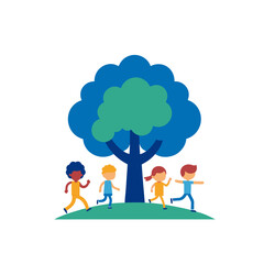 Diverse group of children joyfully running around a large blue and green tree