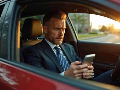 Businessman in suit sits in car using mobile phone. Man checks messages on smartphone while sitting inside vehicle. Pro commuter uses device during journey.