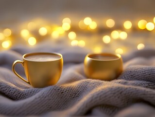 Cozy Golden Cups on Knit Blanket with Warm Lights