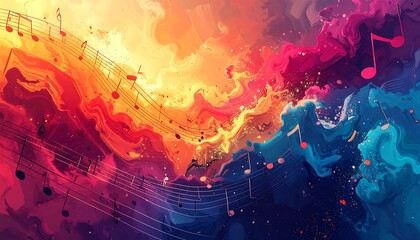 Obraz premium An abstract artwork depicting musical notes flowing through colorful, swirling clouds of vibrant hues. The atmosphere is dynamic, joyful, and expressive