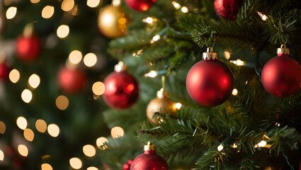 christmas tree with red and gold ornaments in soft bokeh lights