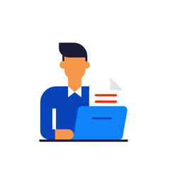 Man in blue shirt working on laptop with document and folder