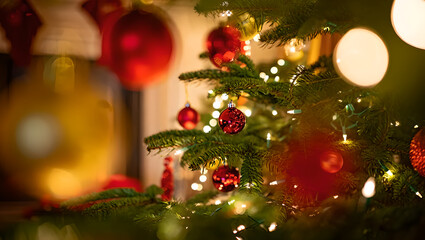 christmas tree with red and gold ornaments in soft bokeh lights