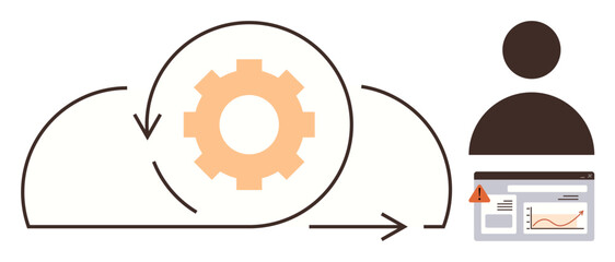 Cogwheel within cloud symbolizing process automation, arrows for circulation, user with alert on dashboard. Ideal for software, data, teamwork, enterprise, workflow, analytics process simple flat