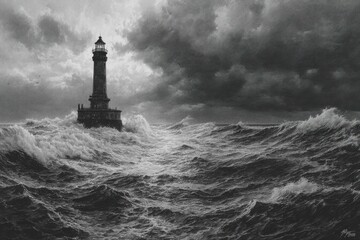 Stormy sea surrounds a solitary lighthouse standing tall against dark clouds and crashing waves during an ominous weather event