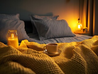 Cozy Night Bedroom Scene,  Warm Blanket, Candle, Hot Drink
