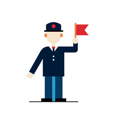 Stylized figure in uniform holding a red signal flag on black background