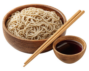 Appetizing bowl of Japanese soba noodle with chopstick and dipping sauce. healthy, traditional meal featuring buckwheat pasta in wooden bowl, classic Asian cuisine