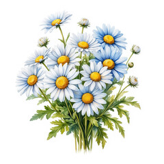 Fototapeta premium Delicate daisies with white petals and green leaves. Watercolor digital illustration. Beautiful wild spring flowers isolated on a white background. The theme of summer, relaxation, glades and meadows
