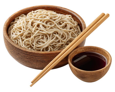 Appetizing bowl of Japanese soba noodle with chopstick and dipping sauce. healthy, traditional meal featuring buckwheat pasta in wooden bowl, classic Asian cuisine