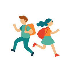 Energetic children with backpacks running together on a black background