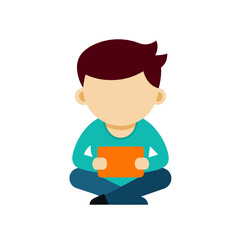 Child sitting cross legged holding an orange tablet device