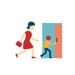 Mother and child walking through a doorway together with a sense of urgency