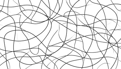 Abstract black lines intertwine across a stark white background, creating a dynamic and fluid visual texture. The lines overlap and weave