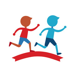 Two cartoon children running a race on a red ribbon against a black background
