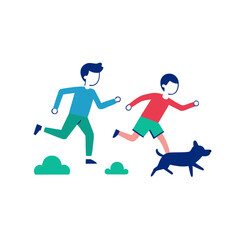 Two boys and a dog running together in a playful outdoor scene