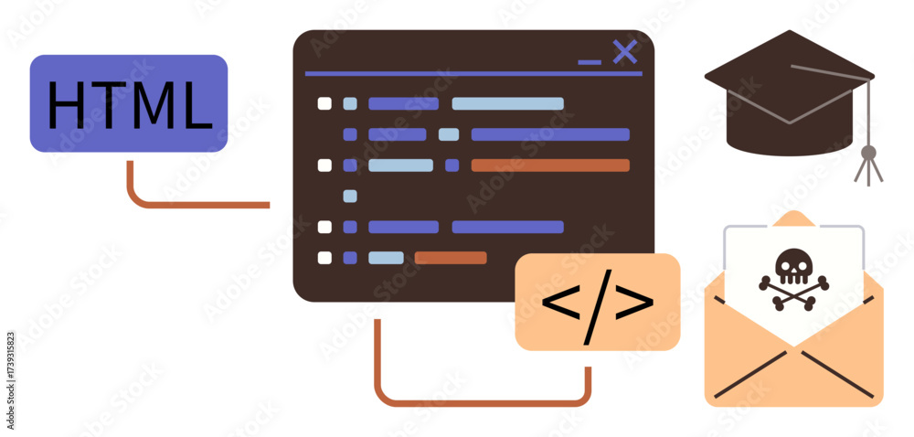 Wall mural coding interface, html text, malicious email warning, graduation cap. ideal for coding, web developm