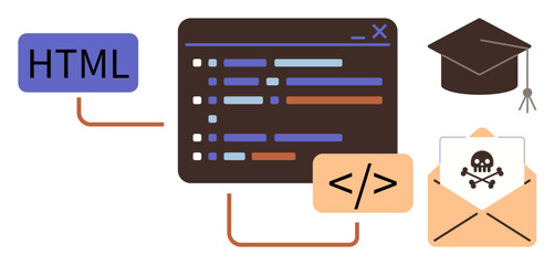 Coding interface, HTML text, malicious email warning, graduation cap. Ideal for coding, web development, cybersecurity, e-learning, malware threats programming education simple flat metaphor