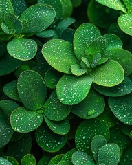Fototapeta premium The close-up view displays lush green leaves that are covered in dew drops