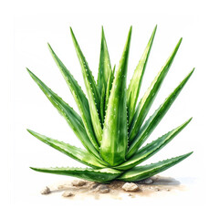 Fototapeta premium An aloe bush with green fleshy leaves. Watercolor digital illustration. Medicinal and cosmetic plant isolated on a white background. The concept of body and skin care.