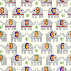 Seamless Pattern with Decorative Elephants and Botanical Elements on Cream Background