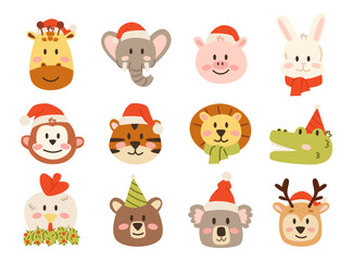 Cute Christmas Animals Set with Holiday Elements.
