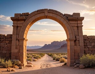 Stone arch frames desert sunset view