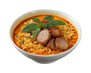 Delicious and spicy bowl of Thai noodle soup with savory pork and rich broth. Appetizing Asian food for comforting and traditional gourmet meal on isolated background