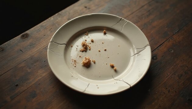 Cracked plate with food crumbs rests on a rustic wooden table. The simple still life conveys emptiness and decay. It suggests a forgotten meal or a sense of loss.