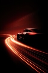 Sleek red sports car trails bright light in dark setting at night