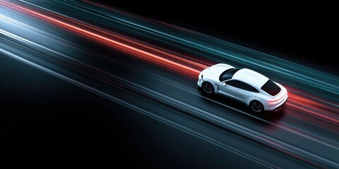 Dynamic motion of a sleek white car racing at night on a futuristic highway
